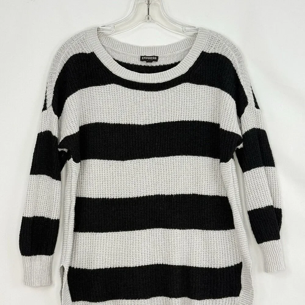 Express S Petite Black Gray Knit Sweater Dress Tunic 3/4 Sleeve High Low Hem